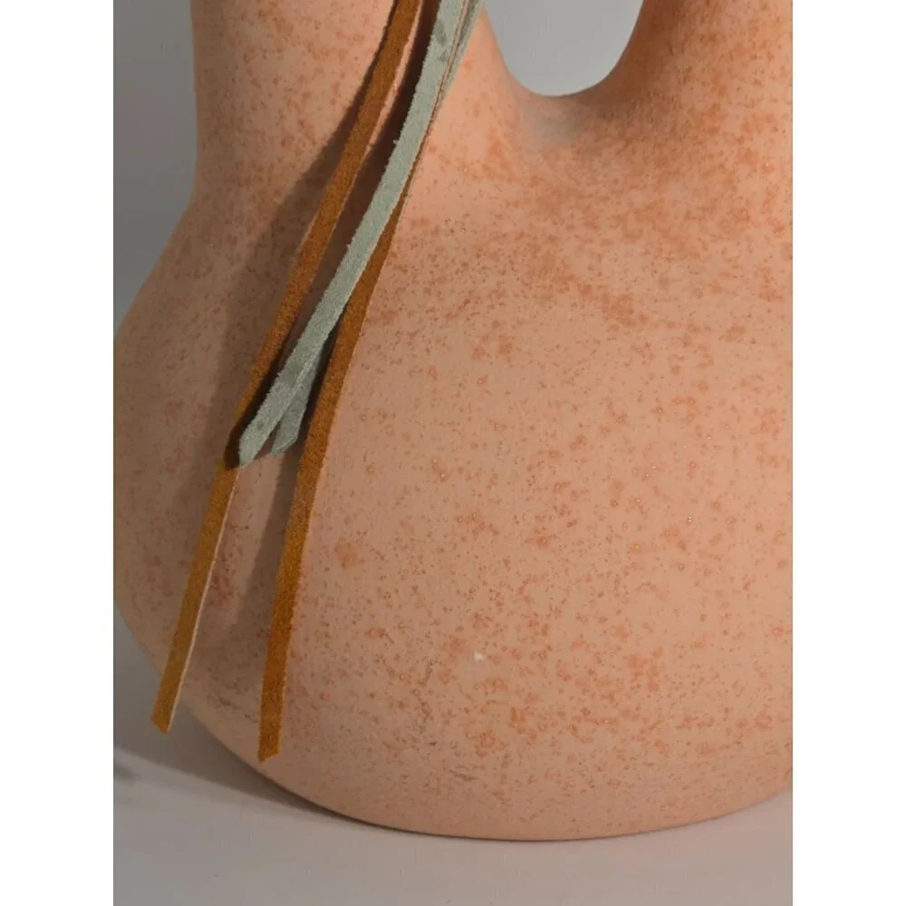 Double Spout Terracotta Vase Leather Accent Pink Beige Sandstone Finish Vintage